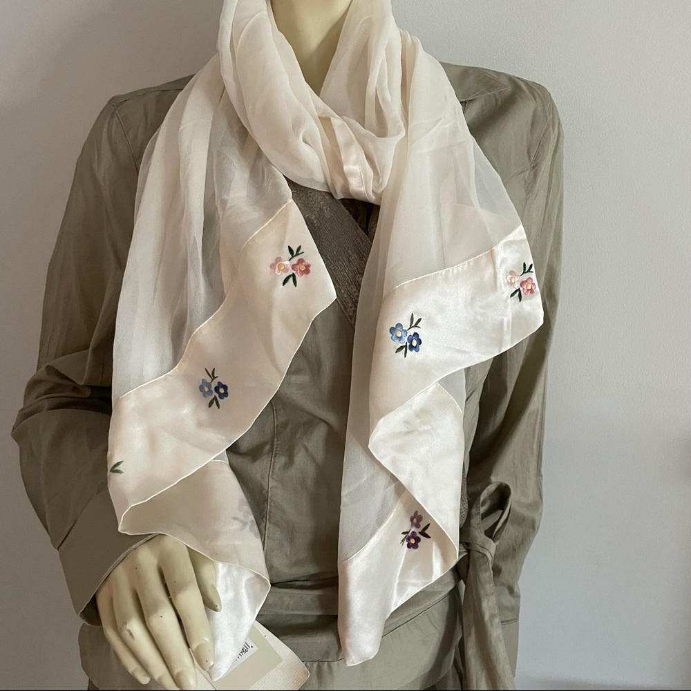 Echo white silk scarf / wrap with embroidered flowers